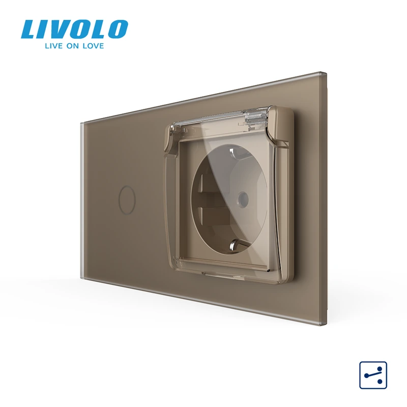 Сенсорний прохідний вимикач LIVOLO з розеткою IP44 кришка золотий матовый 16А 230В із заземленням шторки скло — Livolo