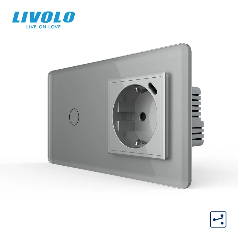 Сенсорний прохідний вимикач LIVOLO з розеткою та USB Type-C 18Вт, сірий 2.5D, скло, із заземленням