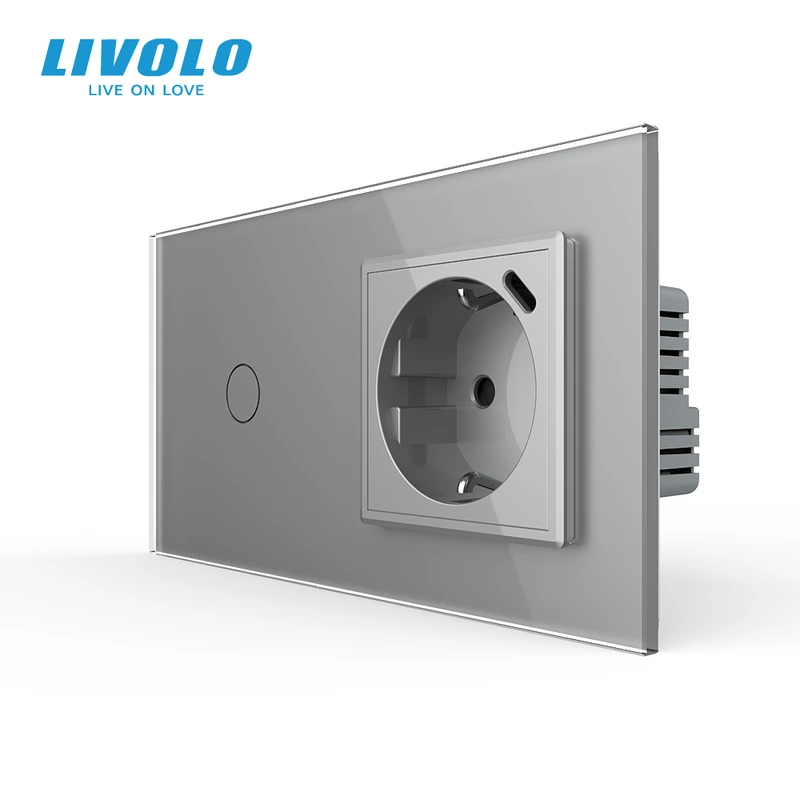 Сенсорний прохідний вимикач LIVOLO з розеткою та USB Type-C 18Вт, сірий, скло, із заземленням