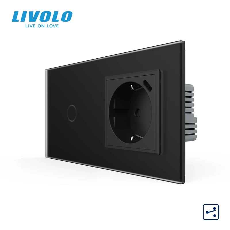 Сенсорний прохідний вимикач LIVOLO з розеткою та USB Type-C 18Вт, чорний матовый, скло, із заземленням — Livolo