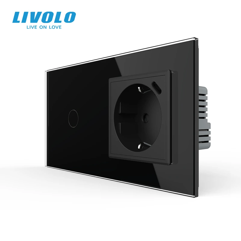 Сенсорний прохідний вимикач LIVOLO з розеткою та USB Type-C 18Вт, чорний, скло, із заземленням