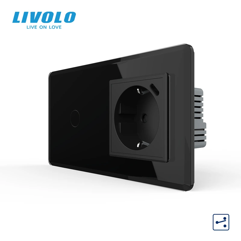 Сенсорний прохідний вимикач LIVOLO з розеткою та USB Type-C 18Вт, чорний 2.5D, скло, із заземленням