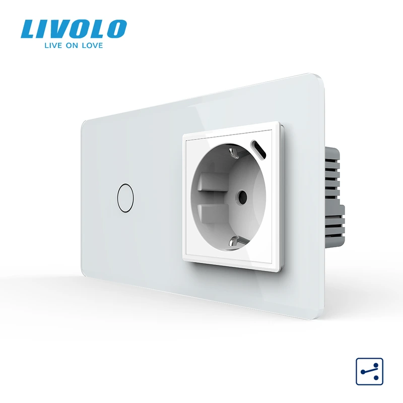 Сенсорний прохідний вимикач LIVOLO з розеткою та USB Type-C 18Вт, білий 2.5D, скло, із заземленням