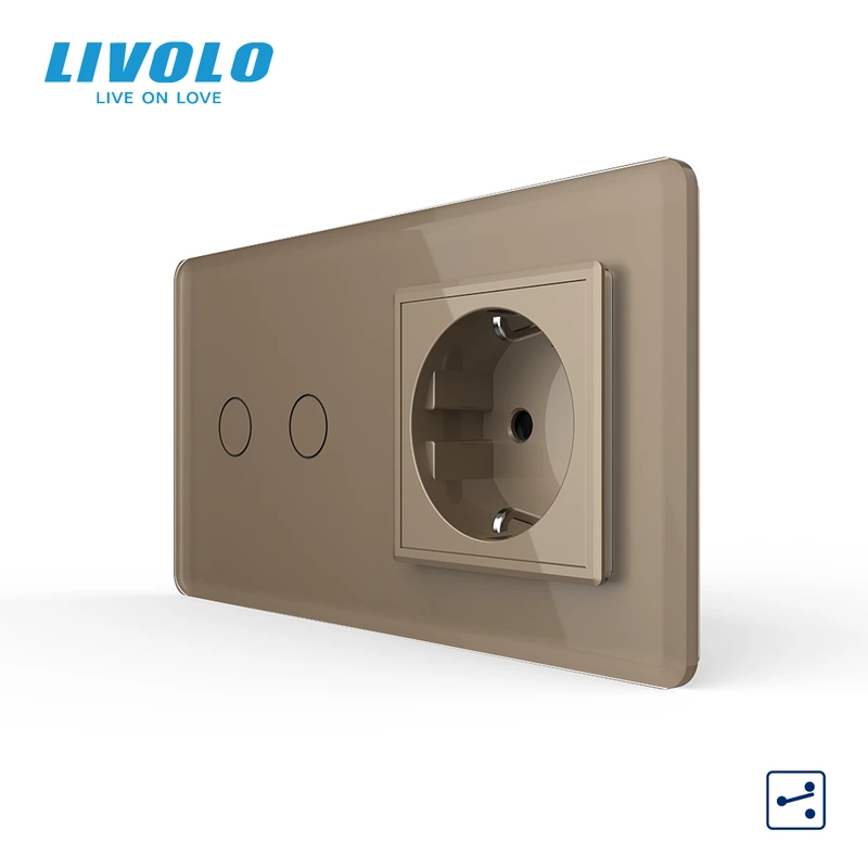 Сенсорний прохідний/перехресний вимикач 2 сенсора 1 розетка LIVOLO золото 2.5D скло