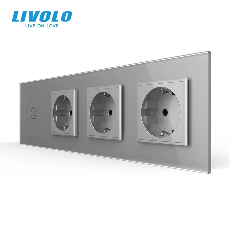 Сенсорний вимикач 1 сенсор 3 розетки LIVOLO сірий 2.5D скло