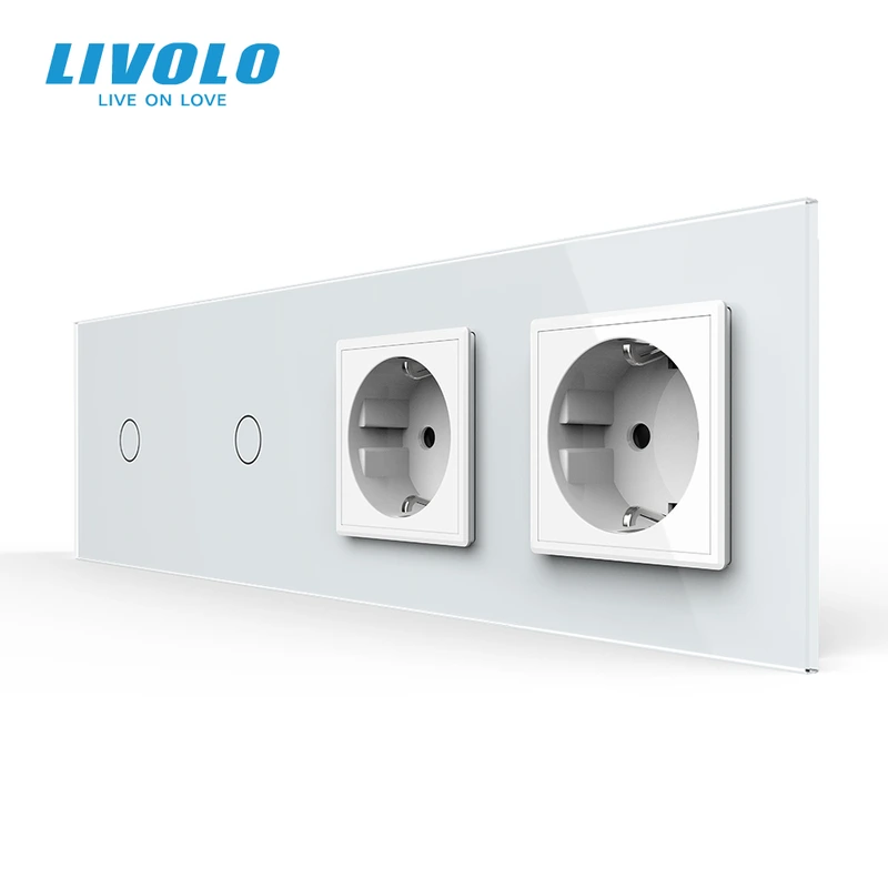 Сенсорний вимикач 2 сенсора (1-1) 2 розетки Livolo білий скло (VL-C701/C701/C7C2EU-11) — Livolo