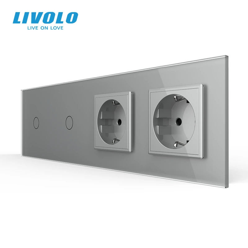 Сенсорний вимикач 2 сенсора (1-1) 2 розетки Livolo сірий скло (VL-C701/C701/C7C2EU-15) — Livolo