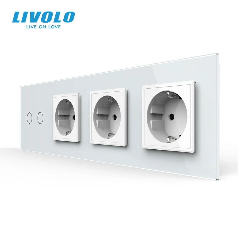 Сенсорний вимикач 2 сенсора 3 розетки Livolo білий скло (VL-C702/C7C3EU-11)