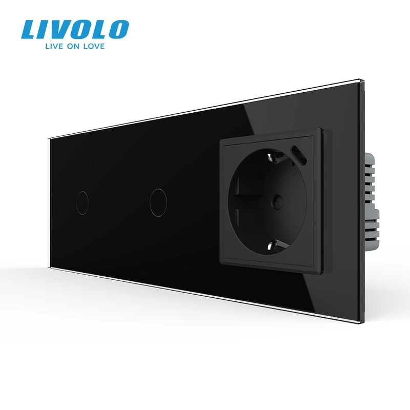 Сенсорний вимикач 2 сенсори (1-1) з розеткою з USB Type-C 18Вт, із заземленням, шторки, LIVOLO чорний скло
