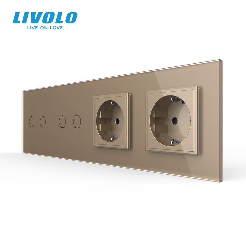 Сенсорний вимикач 4 сенсора (2-2) 2 розетки Livolo золото скло (VL-C702/C702/C7C2EU-13) — Livolo