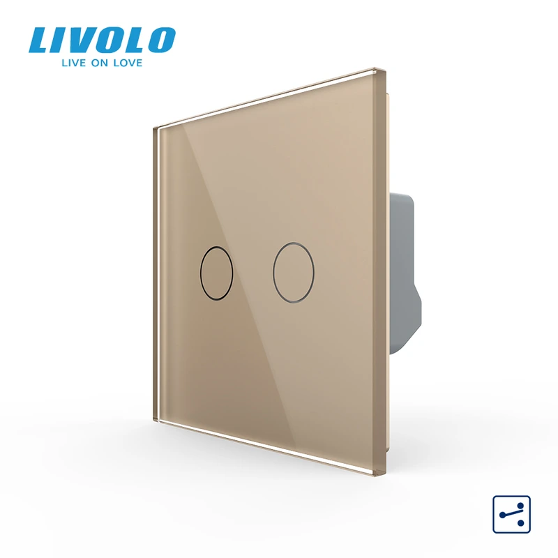 Сенсорний вимикач LIVOLO, 2-сенсорний, золотий скляний, прохідний / перехресний, 5А 230В, без нейтралі (VL-C7FC2S-2AP) (VL-C7FC2S-2AP)