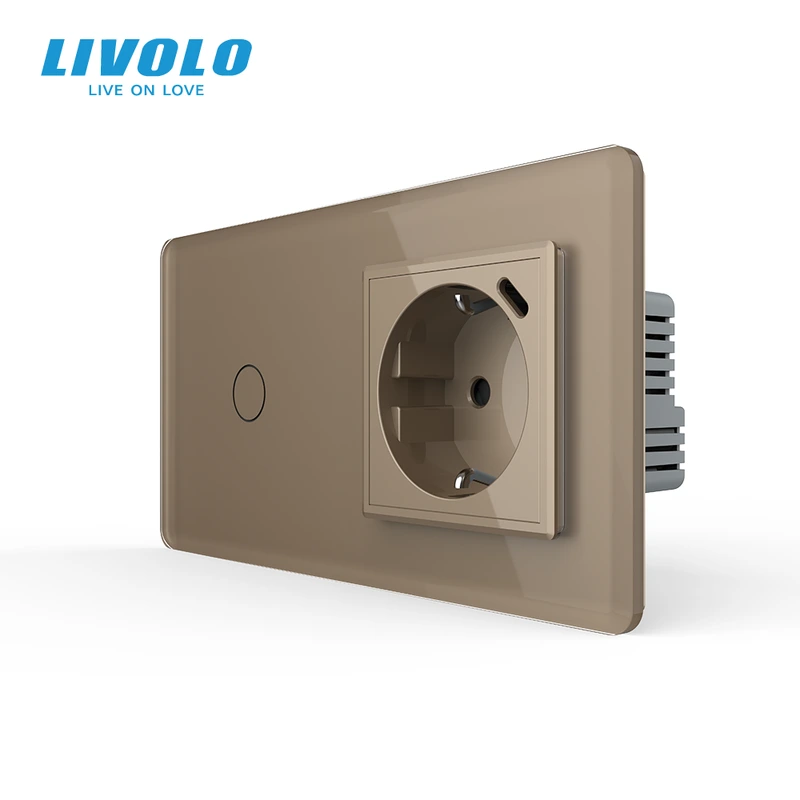 Сенсорний вимикач LIVOLO з розеткою та USB Type-C 18Вт, золотий 2.5D, скло, із заземленням і шторками, 16А 230В