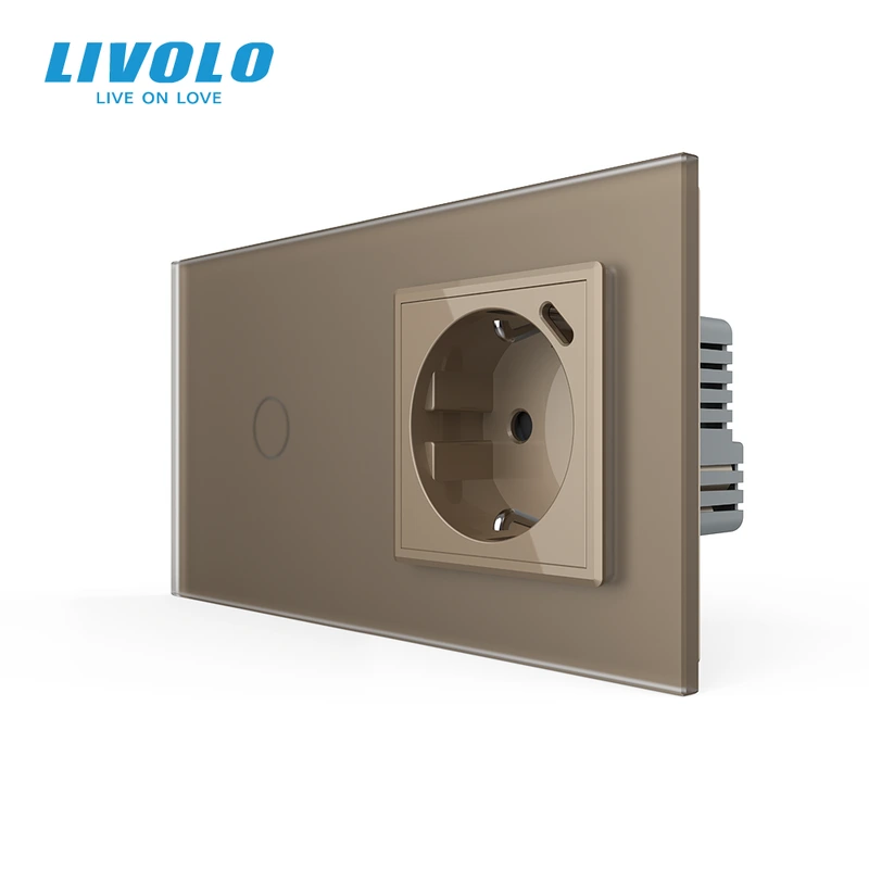 Сенсорний вимикач LIVOLO з розеткою та USB Type-C 18Вт, золотий матовый, скло, із заземленням і шторками, 16А 230В — Livolo