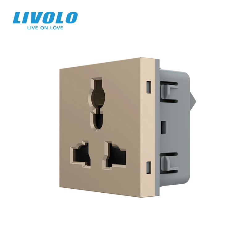 Універсальна розетка LIVOLO 12-в-1, з заземленням і шторками, золота, 16А 250В, модуль (VL-FCT22 16A-2AP) (VL-FCT22 16A-2AP)