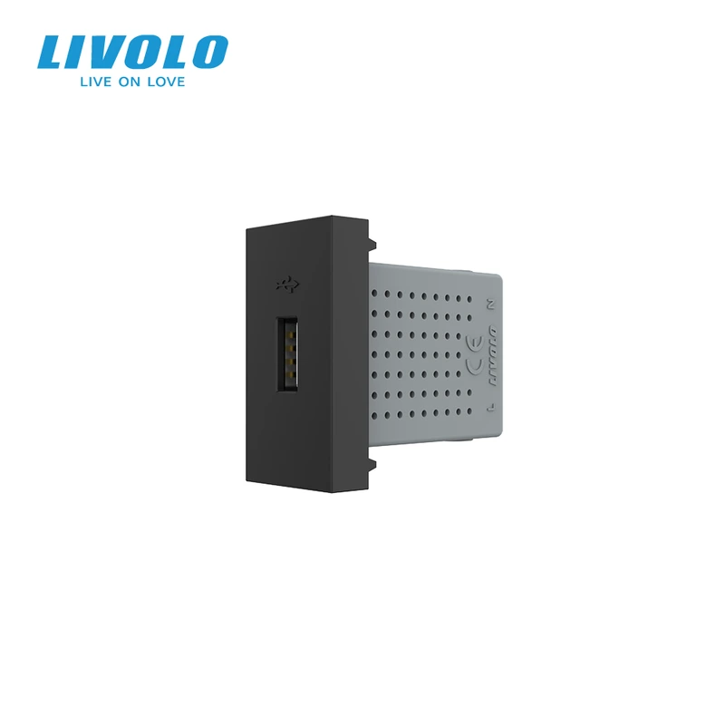 USB розетка LIVOLO 5V 2.1A, чорна, 10Вт, з блоком живлення, модуль 0.5 поста (VL-FCUA-1BP)