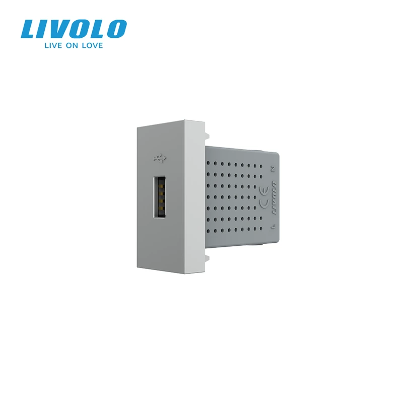 USB розетка LIVOLO 5V 2.1A, сіра, 10Вт, з блоком живлення, модуль 0.5 поста (VL-FCUA-1IP)
