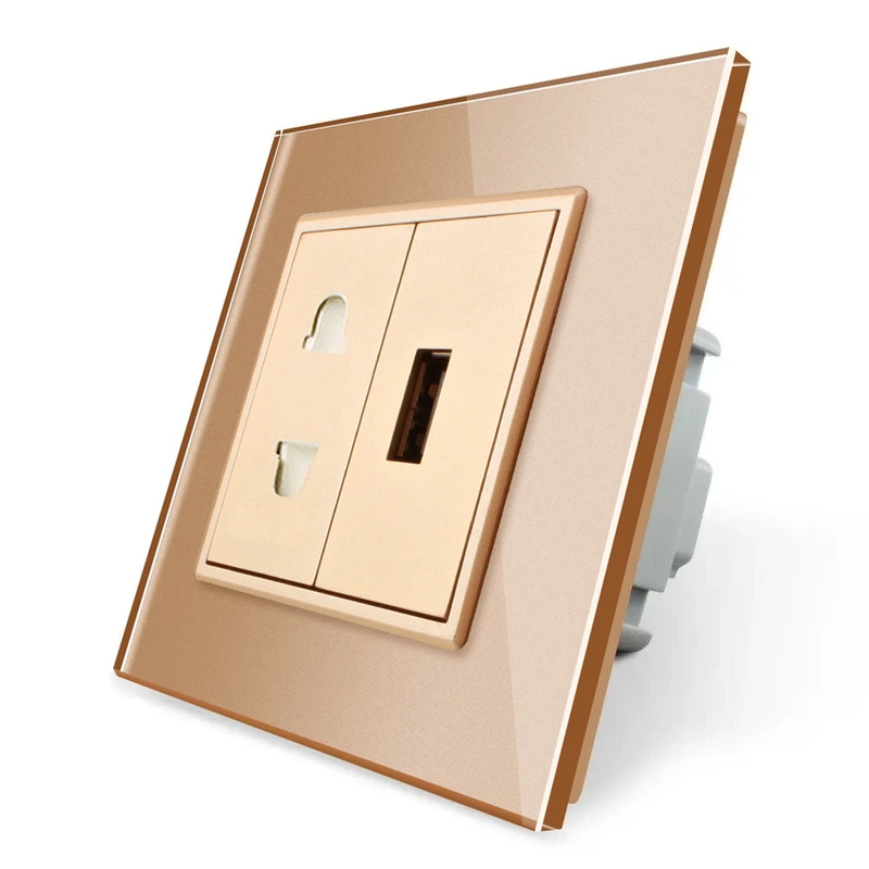 Розетка універсальна з USB розеткою Livolo золотий скло (VL-C7C1AUSB-13)