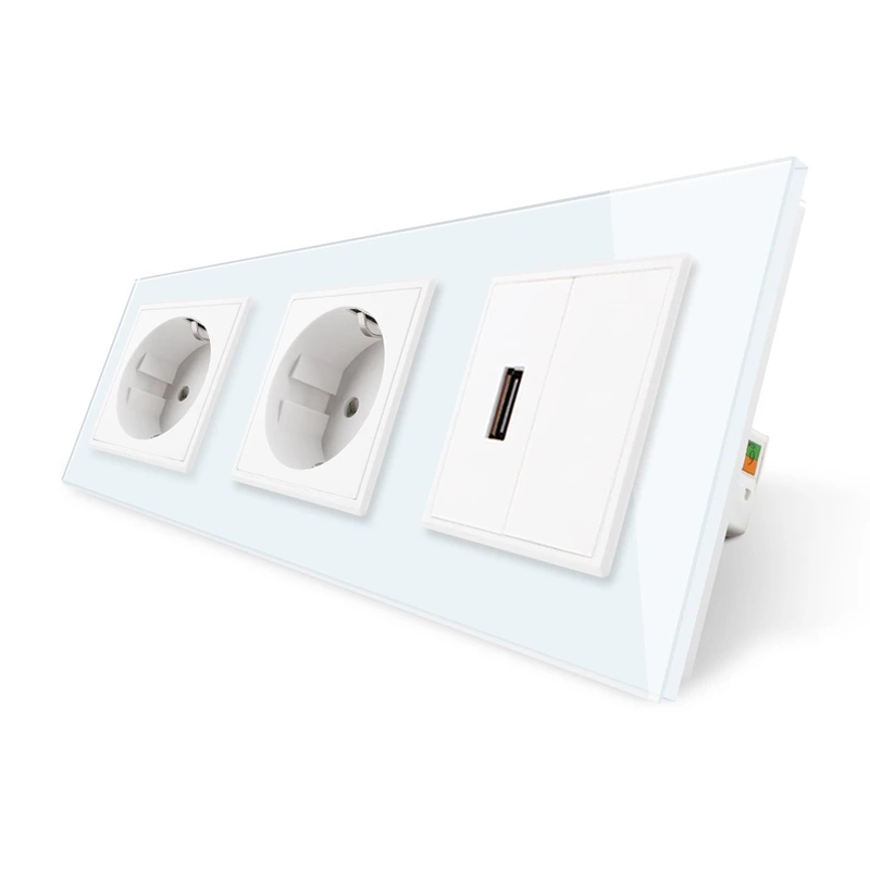 Розетка тримісна силова із заземленням і USB Livolo білий скло (VL-C7C2EU1USB0-11)