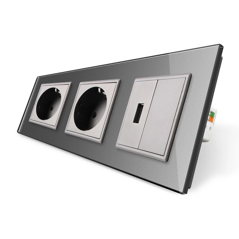Розетка тримісна силова із заземленням і USB Livolo сірий скло (VL-C7C2EU1USB0-15)