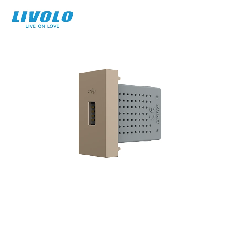 USB розетка LIVOLO 5V 2.1A, золота, 10Вт, з блоком живлення, модуль 0.5 поста (VL-FCUA-1AP) (VL-FCUA-1AP)