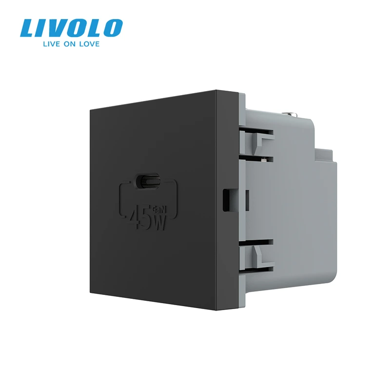 USB Type-C розетка LIVOLO, PD 45W, Power Delivery, швидка зарядка, чорна, модуль (VL-FCUC-2BP)