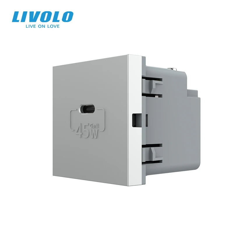 USB Type-C розетка LIVOLO, PD 45W, Power Delivery, швидка зарядка, сіра, модуль (VL-FCUC-2IP)