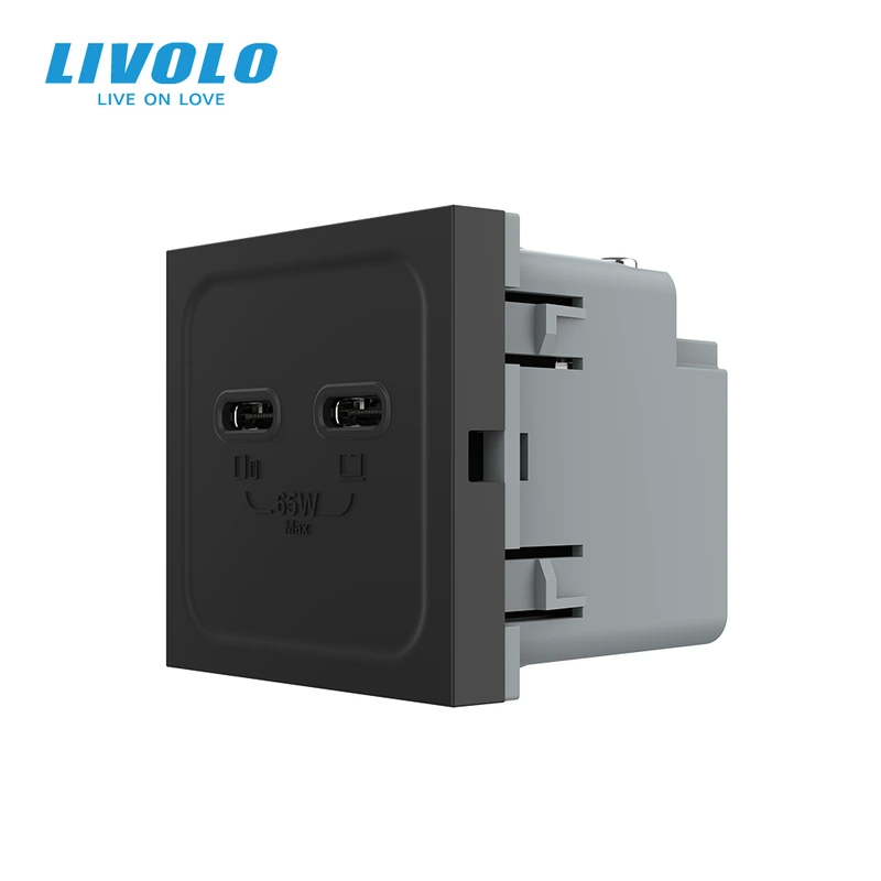 USB Type-C розетка LIVOLO, PD 65W, Power Delivery, швидка зарядка, чорна, модуль — Livolo