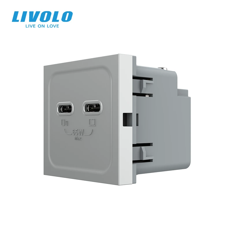 USB Type-C розетка LIVOLO, PD 65W, Power Delivery, швидка зарядка, сіра, модуль