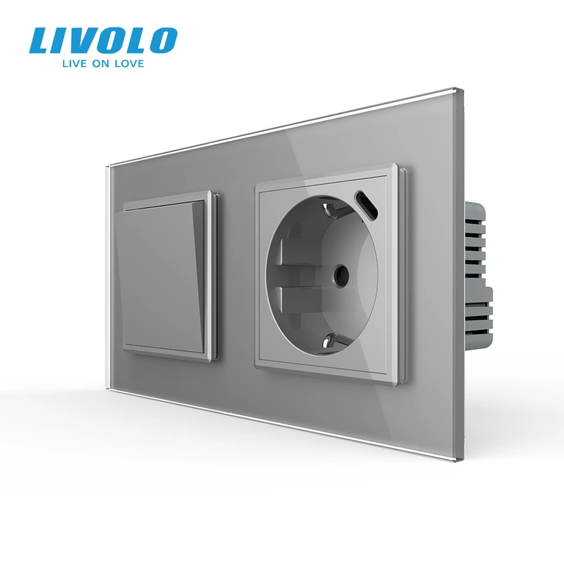 Вимикач без фіксації LIVOLO з розеткою та USB Type-C 18Вт, сірий, скло, із заземленням і захисними шторками