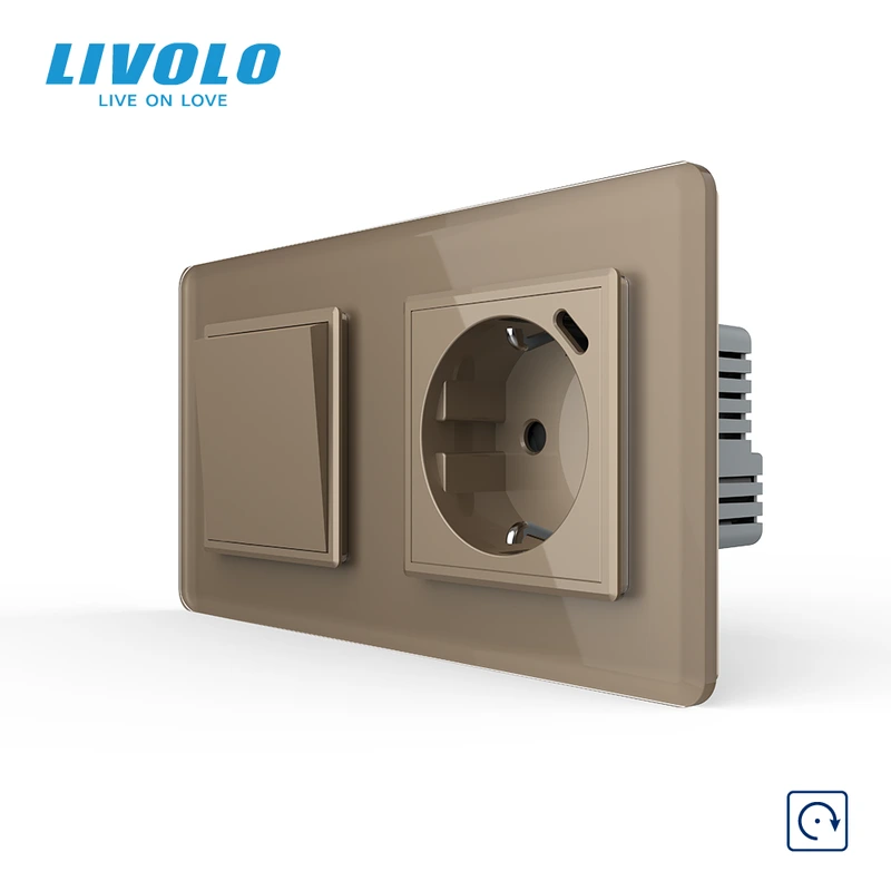 Вимикач без фіксації LIVOLO з розеткою та USB Type-C 18Вт, золотий 2.5D, скло, із заземленням і захисними шторками
