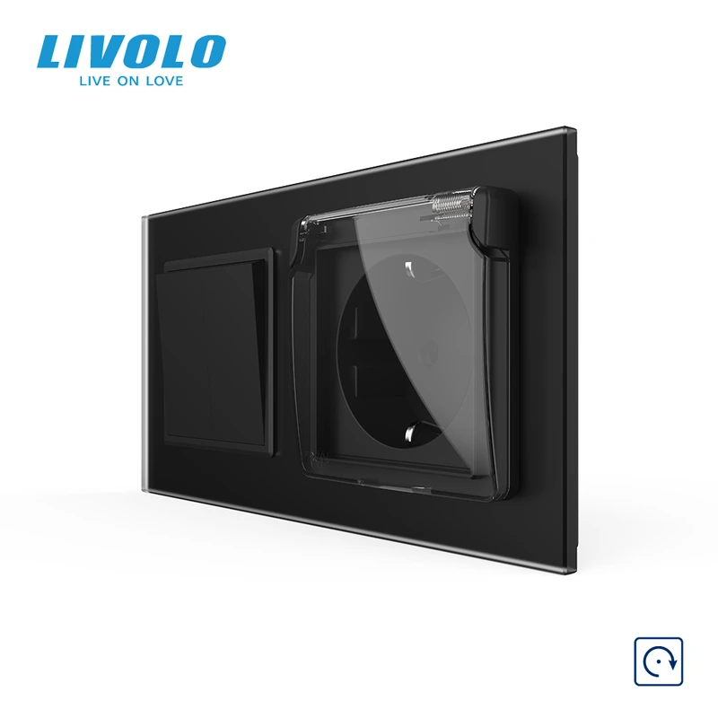 Вимикач без фіксації подвійний з розеткою кришка IP44 LIVOLO чорний матовый скло, із заземленням, захисні шторки
