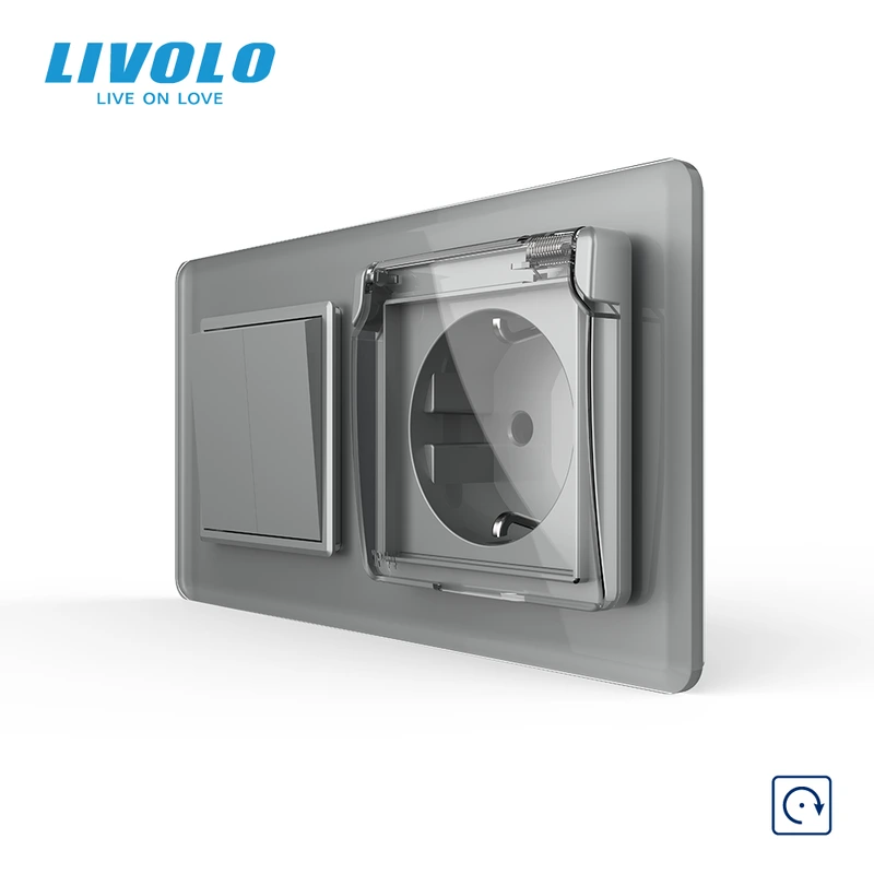 Вимикач без фіксації подвійний з розеткою кришка IP44 LIVOLO сірий 2.5D скло, із заземленням, захисні шторки