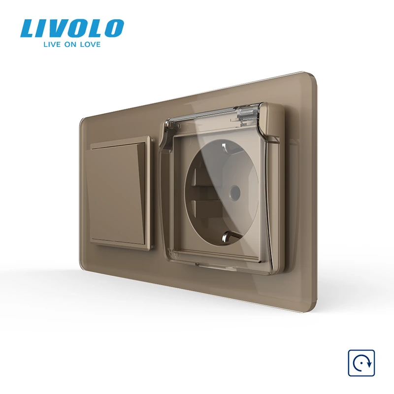 Вимикач без фіксації з розеткою кришка IP44 LIVOLO золотий 2.5D скло, 16А 230В, із заземленням, захисні шторки