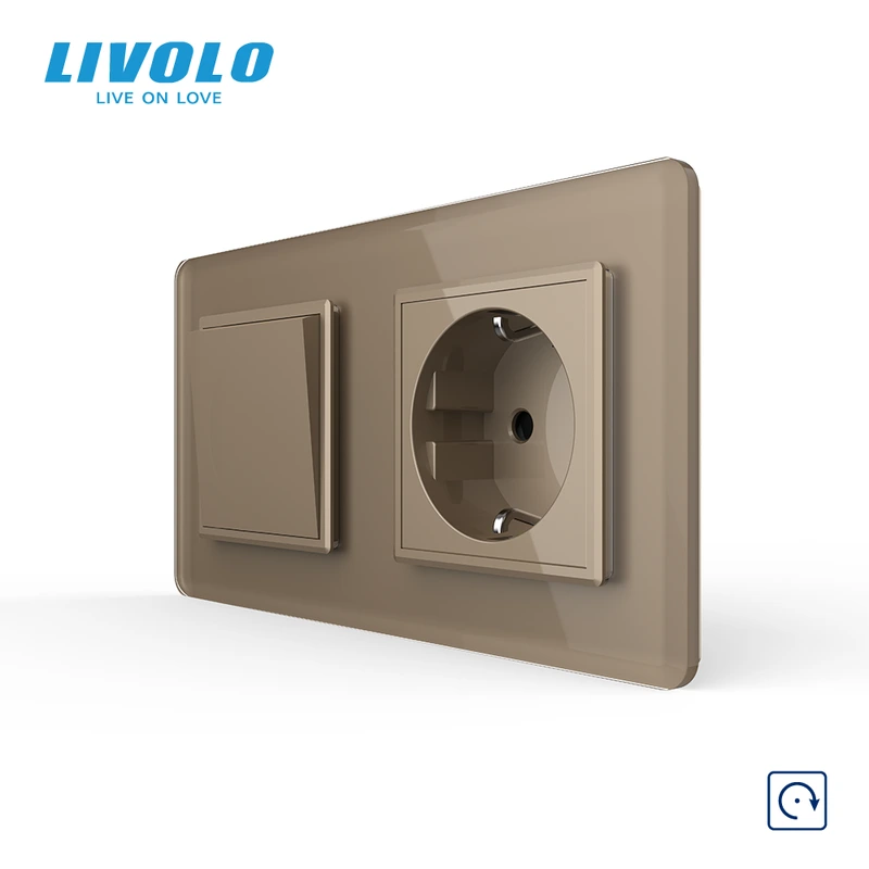 Вимикач без фіксації з розеткою LIVOLO золотий 2.5D скло, 16А 230В, із заземленням, захисні шторки