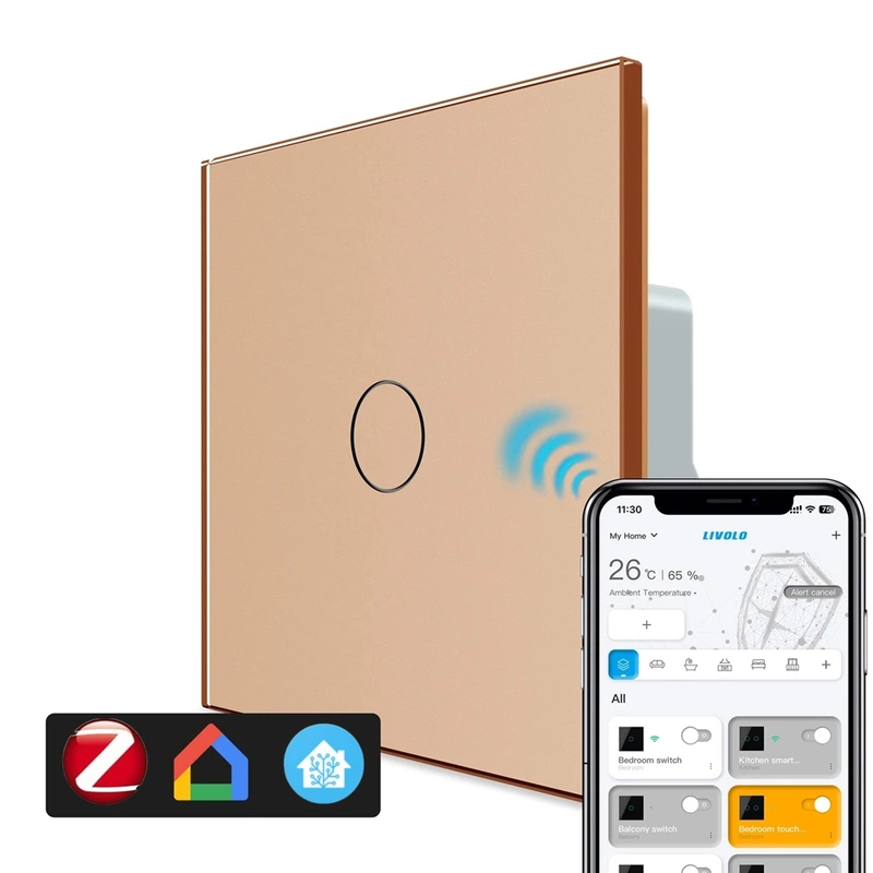 Розумний сенсорний прохідний/перехресний ZigBee вимикач 1 сенсор Livolo золото скло (VL-C7FC1SZ-2AP)