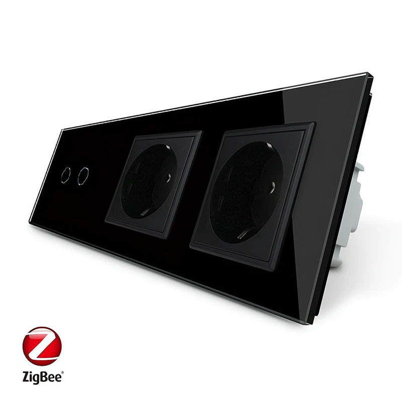 Розумний сенсорний ZigBee вимикач 2 сенсора 2 розетки Livolo чорний скло (VL-C702Z/C7C2EU-12)
