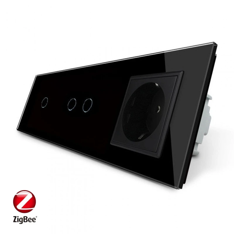 Розумний сенсорний ZigBee вимикач 3 сенсора (1-2) 1 розетка Livolo чорний скло (VL-C701Z/C702Z/C7C1EU-12)