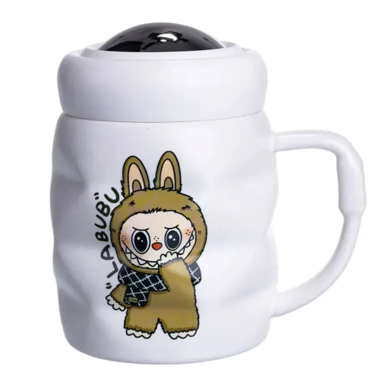 Чашка порцелянова з кришкою Labubu 400 (мл) Біла з коричневим FM-54B — Lugi