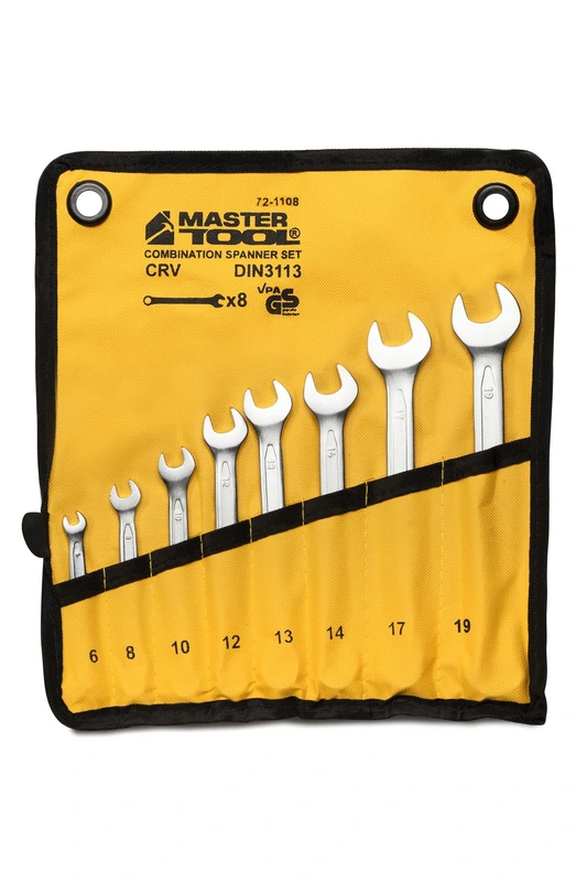 Ключі комбіновані MASTERTOOL COLD FORGED набір 8 шт (6/8/10/12/13/14/17/19 мм) 31CrV3 DIN 3113 у чохлі 72-1108 — MASTERTOOL