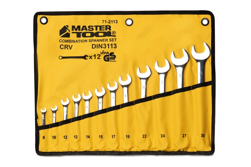 Ключі комбіновані MASTERTOOL SATIN FINISH набір 12 шт (8/10/12/13/14/15/17/19/22/24/27/30 мм) CrV DIN 3113 у чохлі 71-2113 — MASTERTOOL