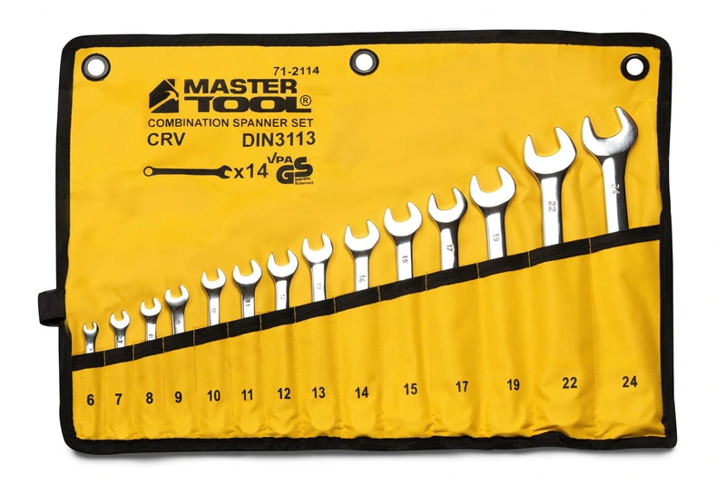 Ключі комбіновані MASTERTOOL SATIN FINISH набір 14 шт (6–15/17/19/22/24 мм) CrV DIN 3113 у чохлі 71-2114 — MASTERTOOL