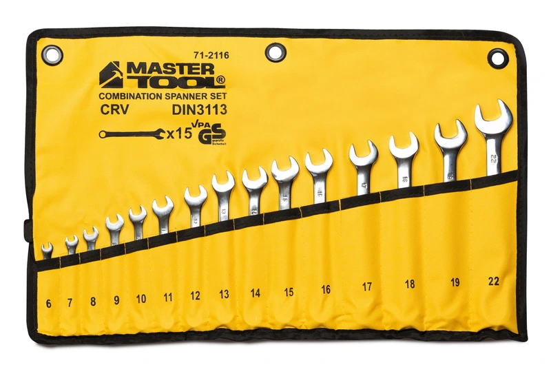 Ключі комбіновані MASTERTOOL SATIN FINISH набір 15 шт (6–19/22 мм) CrV DIN 3113 у чохлі 71-2116