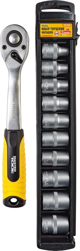 Набір головок торцевих 6-гранних MASTERTOOL ½" 8-19 мм з тріскачкою 72 зубці CrV 11 шт 78-1311 — MASTERTOOL