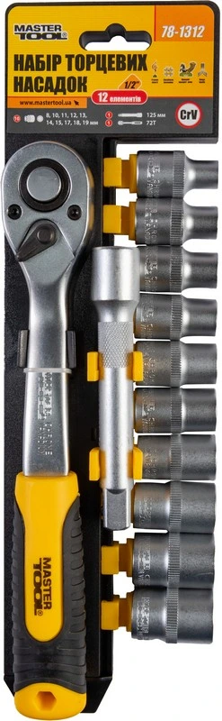 Набір головок торцевих 6-гранних MASTERTOOL ½" 8-19 мм з тріскачкою 72 зубці подовжувач CrV 12 шт 78-1312