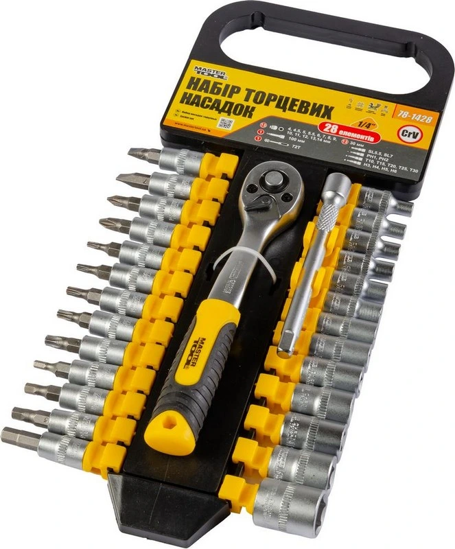 Набір головок торцевих 6-гранних MASTERTOOL ¼" 4-14 мм TORX PH HEX SL з тріскачкою 72 зубці подовжувач CrV 28 шт 78-1428