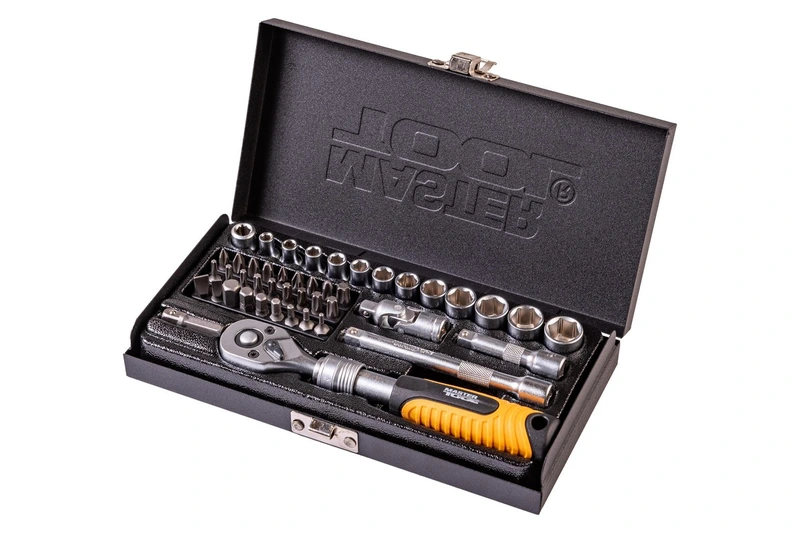 Набір інструментів MASTERTOOL PROFI ¼" 45 шт 4-13 мм телескопічна тріскачка CrV50BV30 металевий кейс 78-2045 — MASTERTOOL