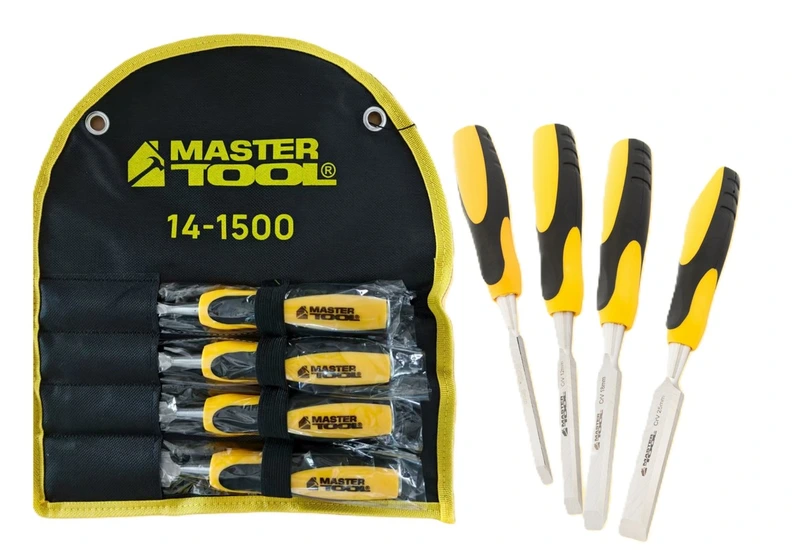 Стамески ударні MASTERTOOL з двокомпонентними ручками 6/12/18/24 мм CrV набір 4 шт в чохлі 14-1500 — MASTERTOOL