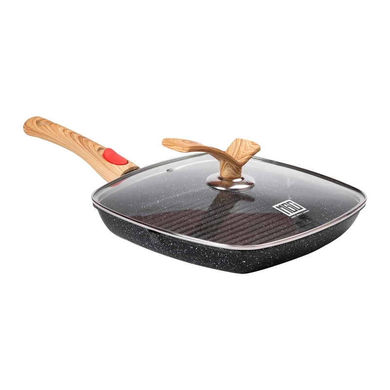 Алюмінієва сковорода-гриль 28 см зі скляною кришкою, квадратна, чорна MGC HP-4-462B — MGC