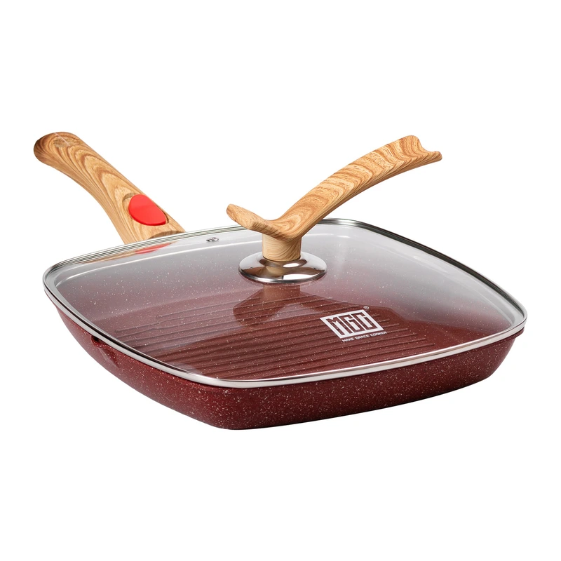 Алюмінієва сковорода-гриль 28 см зі скляною кришкою Square Red MGC HP-4-462R — MGC
