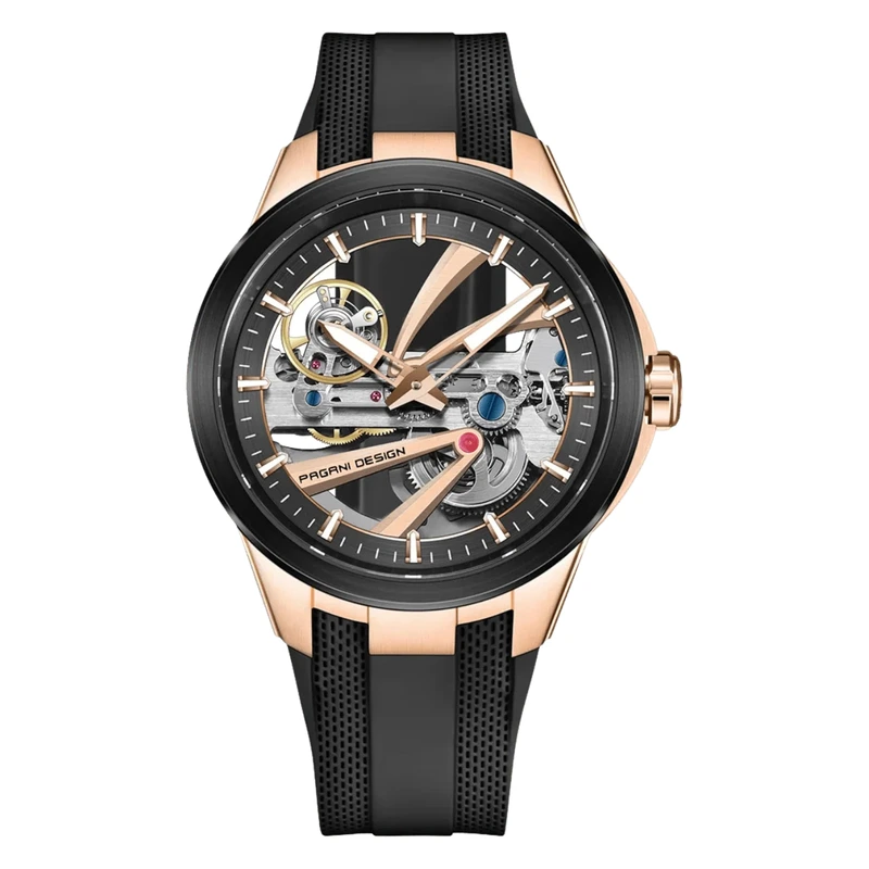 Чоловічий механічний годинник Pagani Design PD-YS030 Rose Gold-Black Rubber з сапфіровим склом